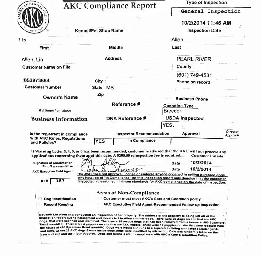 The now-infamous 2014 AKC inspection report of then Breeder of Merit Lynne Hackney, certifying that she was in compliance with AKC's policies, including its "Care and Conditions" policies