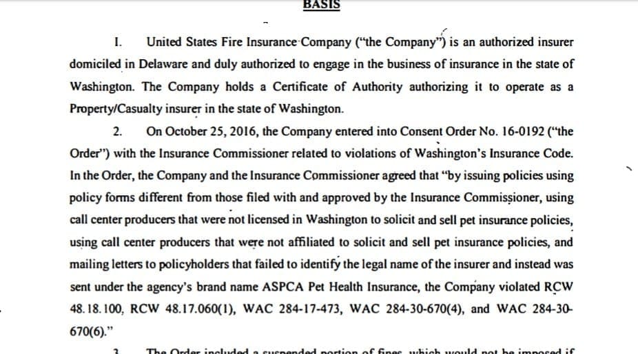 ASPCA Pet Health Insurance: Washington Insurance Commissioner citation for "mailing letters to policyholders that failed to identify the legal name of the insurer and instead was sent under the agency's brand name ASPCA Pet Health Insurance"