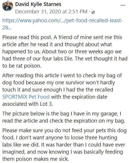 Starnes' FB post about pet food recall and loss of three dogs.