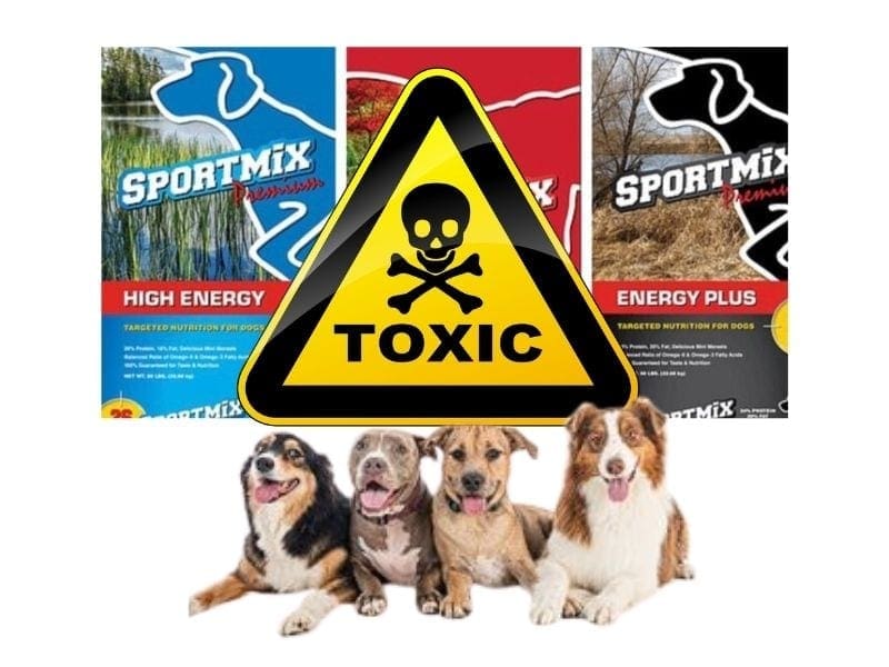 sportmix recall feature image sportmix images of bags, toxic symbol, 4 dogs