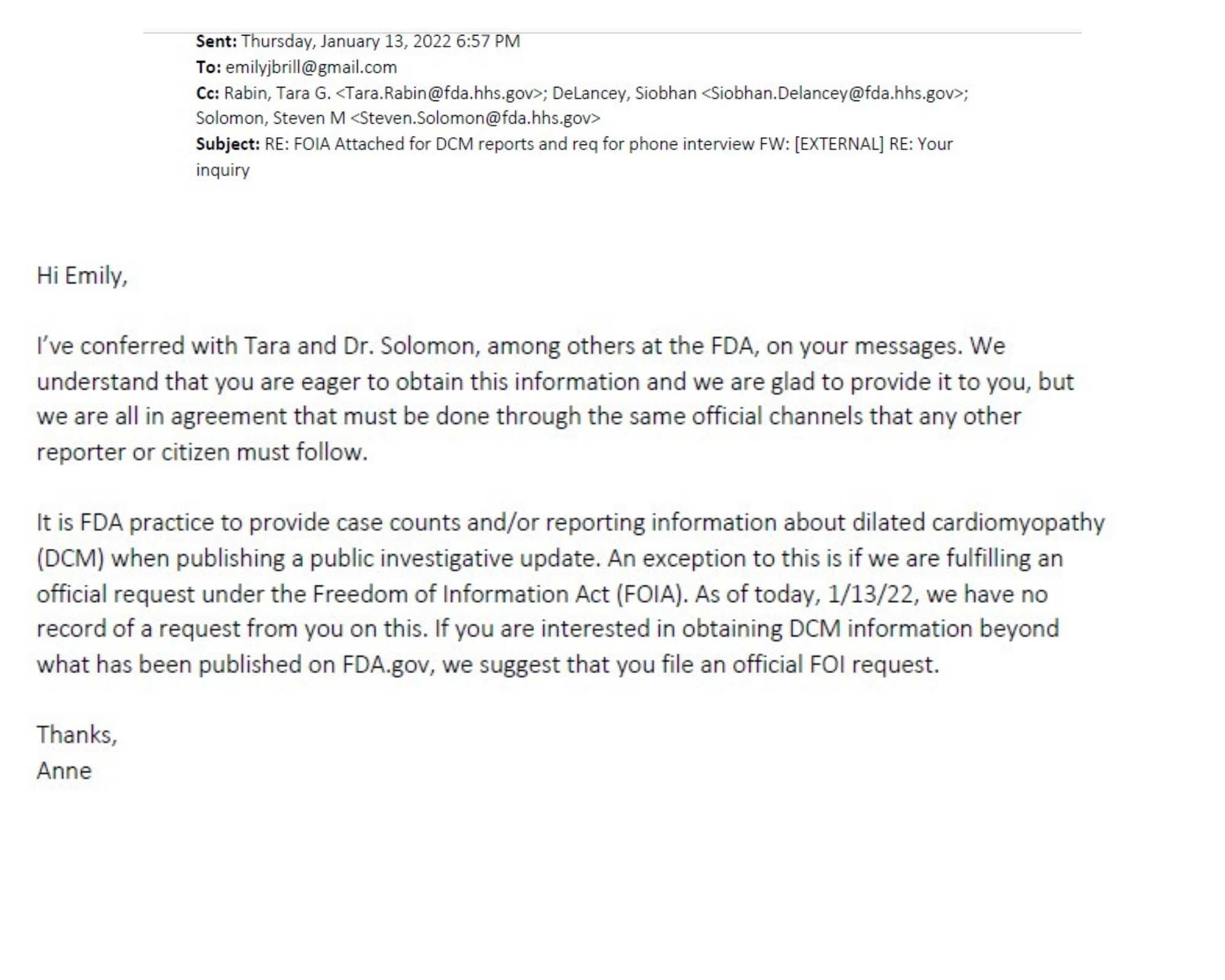 FDA: "We have no record of a [FOIA] request from [Emily Brill and/or The Canine Review] on this."