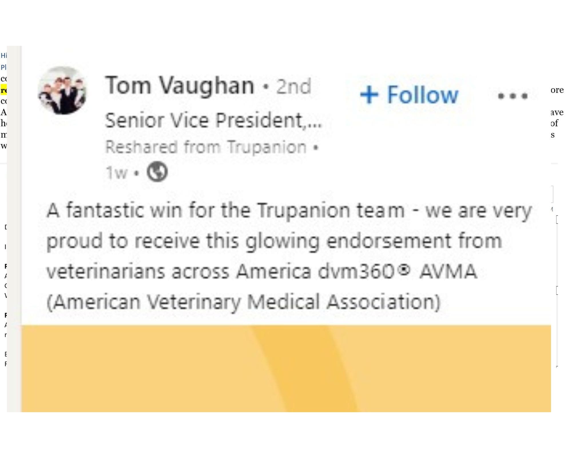 Trupanion's new marketing hire celebrates a DVM360 endorsement.