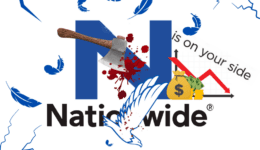 an ax striking the nationwide logo as profit slide with service cuts